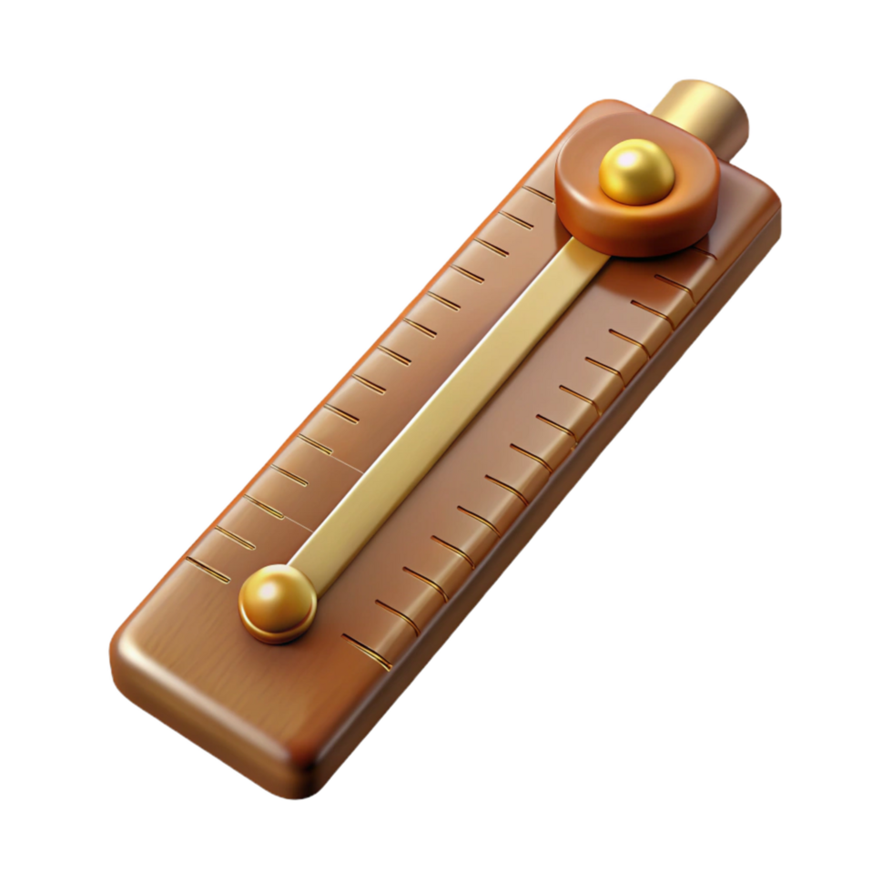 pristine memorable Vintage wooden slide rule with brass slider, worn markings, soft lighting, front view, detaileillustration, isolateon transparent background,high-resolution product photography png