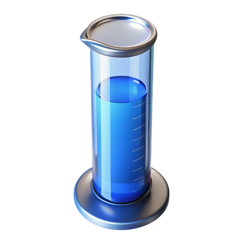 pristine sought-after Glass graduatecylinder with blue liquid, precise measurements, soft lighting, front view, detaileillustration, with transparent background,high-resolution product photography png