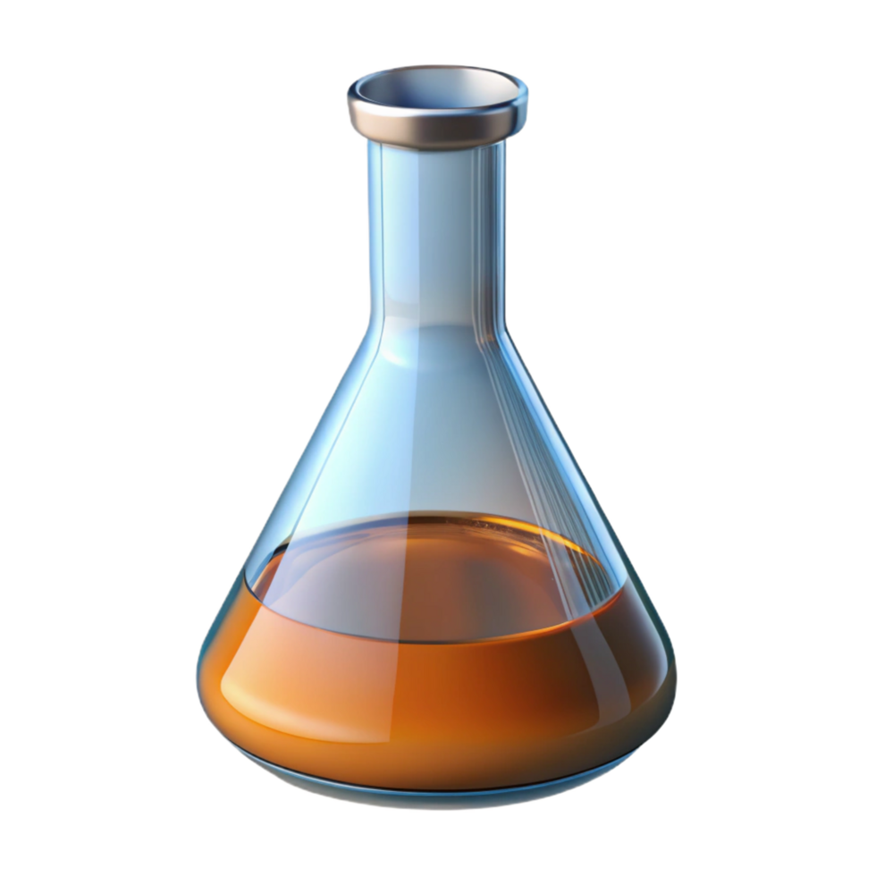 radiant notable Glass Erlenmeyer flask fillewith clear liquid, precise measurements, soft lighting, side view, detaileillustration, isolateon transparent background,high-resolution product photography png