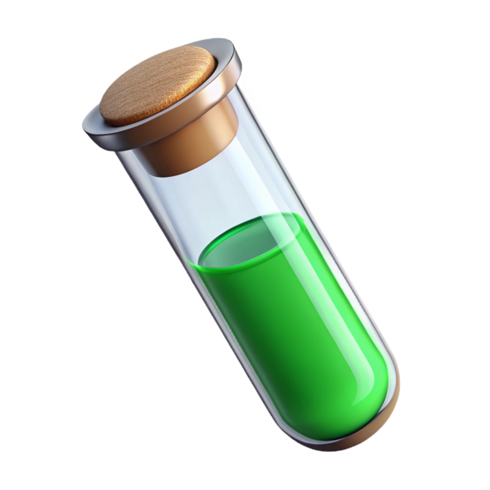 whimsical dramatic Glass test tube fillewith green liquid, cork stopper, soft lighting, front view, detaileillustration, isolateon transparent background,high-resolution product photography precision png