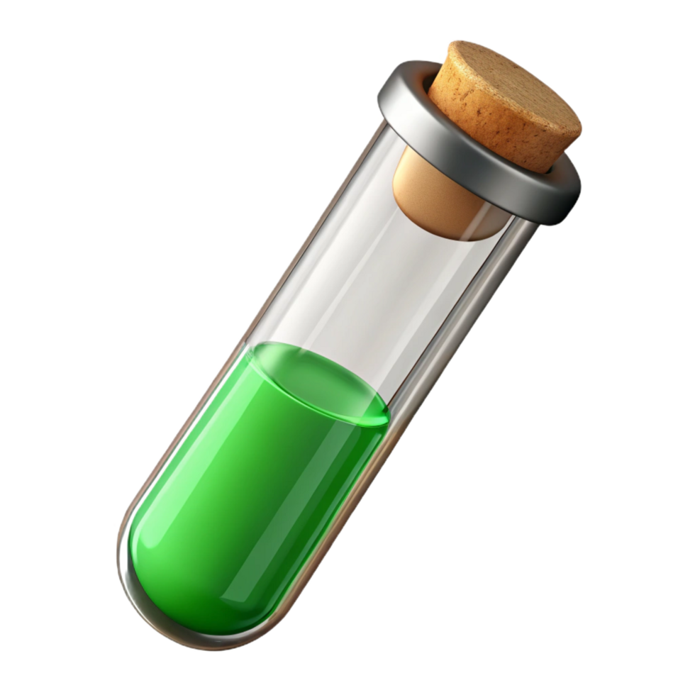 melancholic beautiful Glass test tube fillewith green liquid, cork stopper, soft lighting, front view, detaileillustration, isolateon transparent background,high-resolution product photography elite png