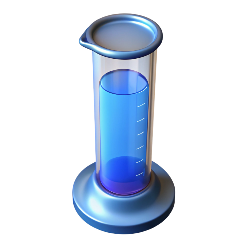 playful exquisite Glass graduatecylinder with blue liquid, precise measurements, soft lighting, front view, detaileillustration, with transparent background,high-resolution product photography 8K png