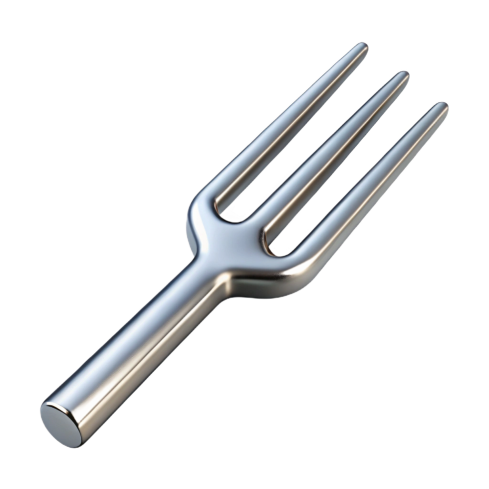 timeless renaissance Metal tuning fork with long prongs, polishefinish, dramatic lighting, side view, detaileillustration, with transparent background,high-resolution product photography elite png