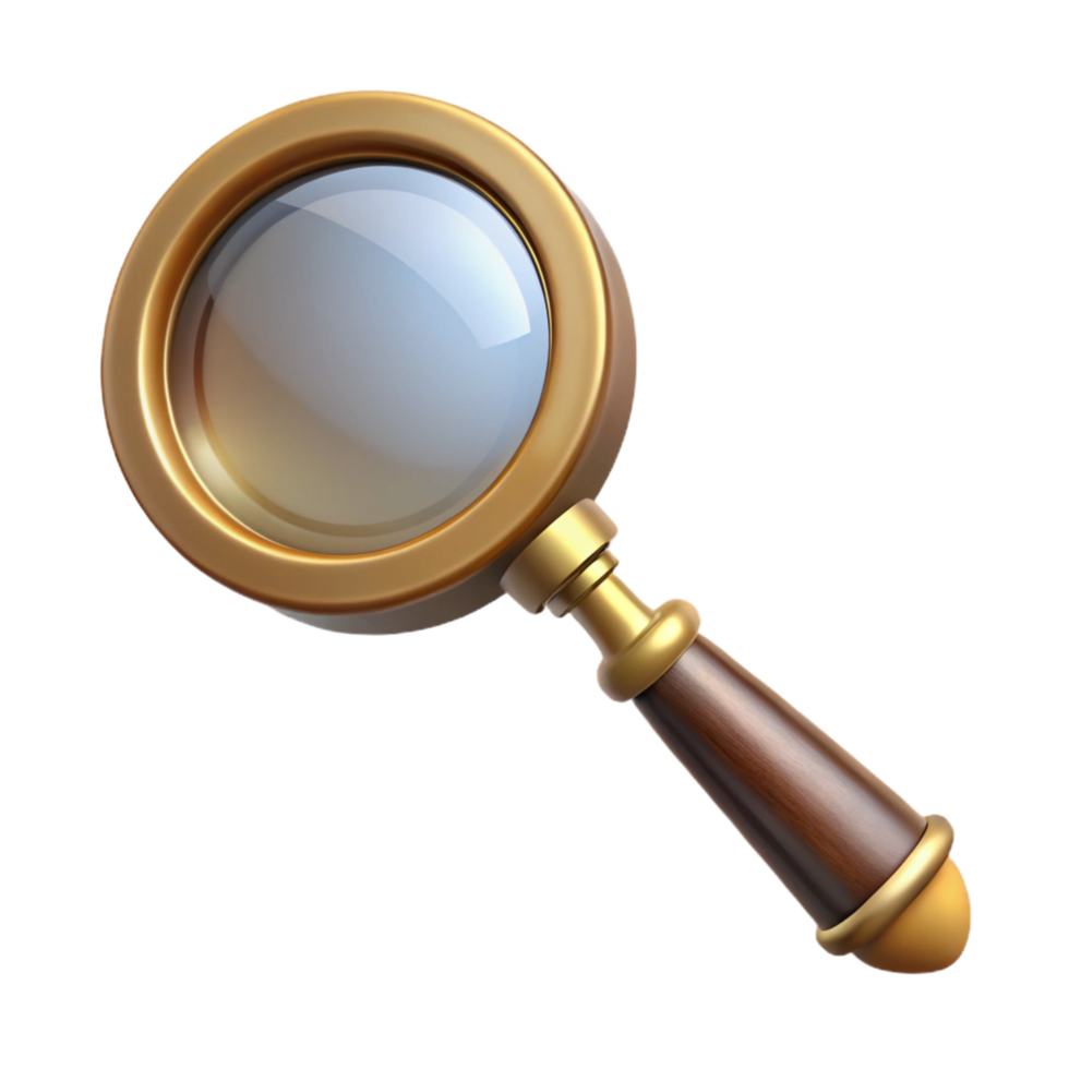 impressive abstract Vintage magnifying glass with wooden handle, brass frame, soft lighting, front view, detaileillustration, with transparent backgrounexpertly shot png