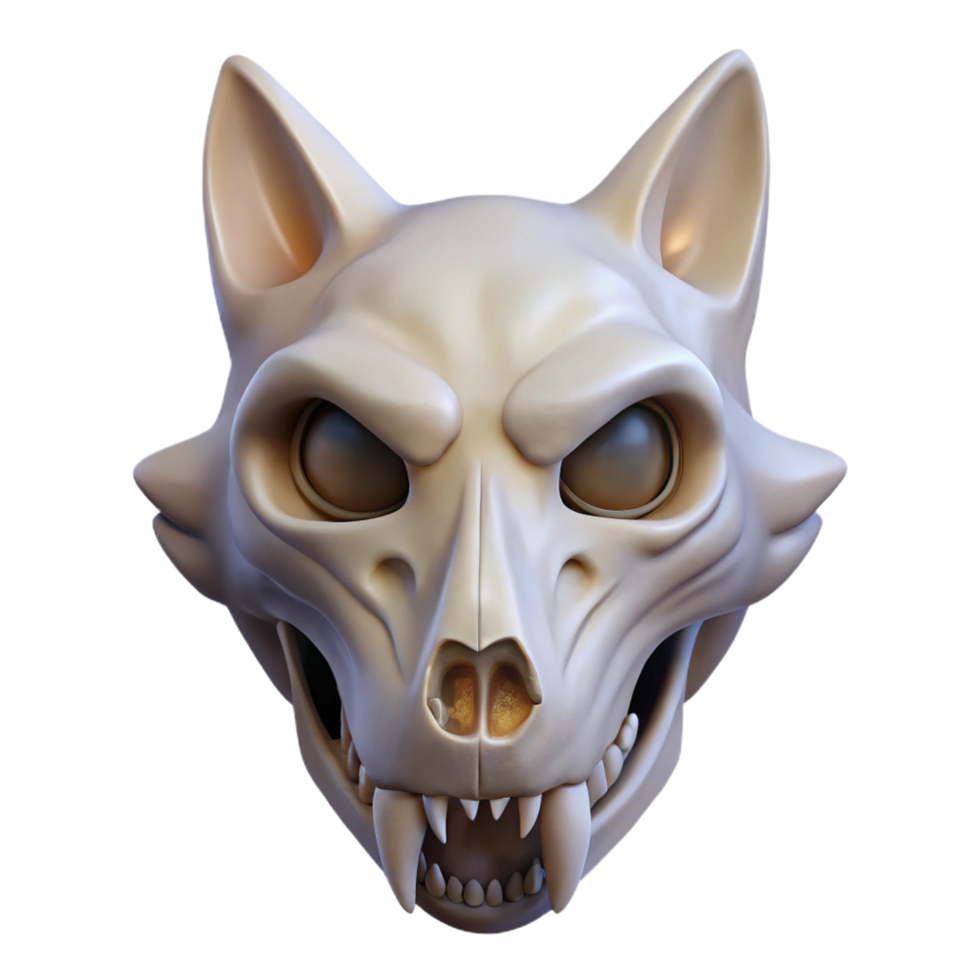 dramatic abstract Wolf skull, intricate details, bone texture, soft lighting, front view, photorealistic, isolateon transparent background,high-resolution product photography fine detail png