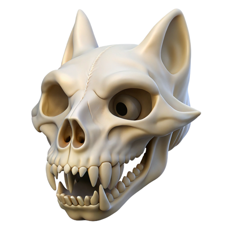 striking dramatic elegant Wolf skull, intricate details, bone texture, soft lighting, front view, photorealistic, isolateon transparent background,high-resolution product photography flawless png