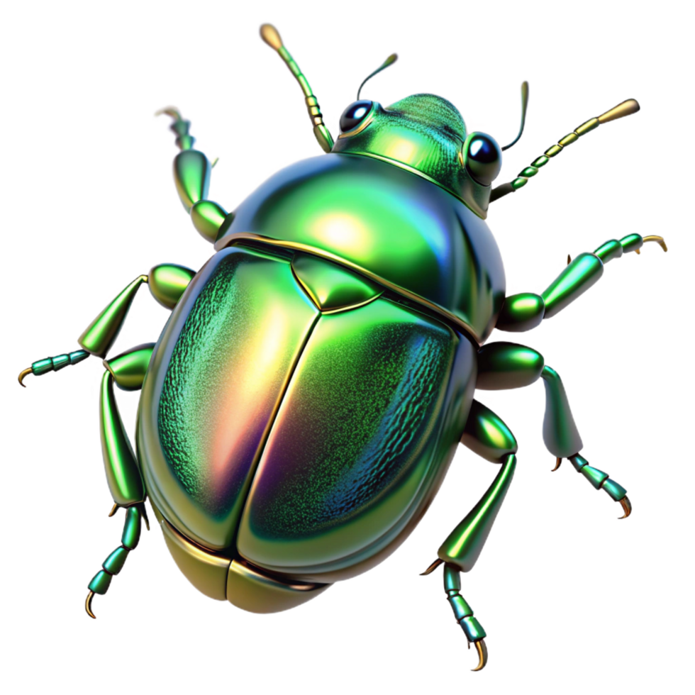 rare art deco Iridescent green beetle with metallic sheen, texturecarapace, detailelegs anantennae, dramatic lighting, isolateon transparent background,high-resolution product photography original png