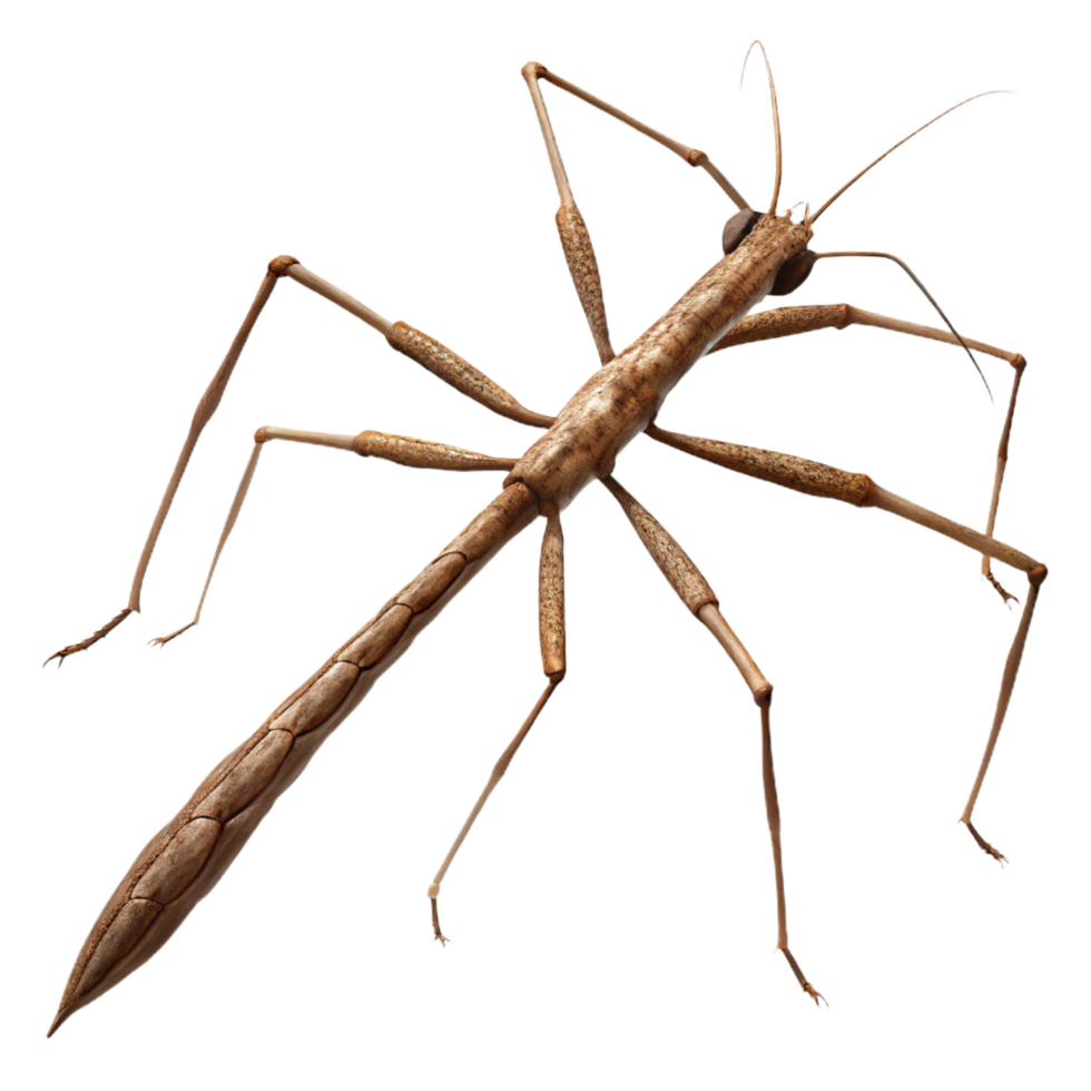 stunning energetic gothic Stick insect camouflageas a twig, texturebody, detailelegs, soft lighting, side view, isolateon transparent background,high-resolution product photography premium png