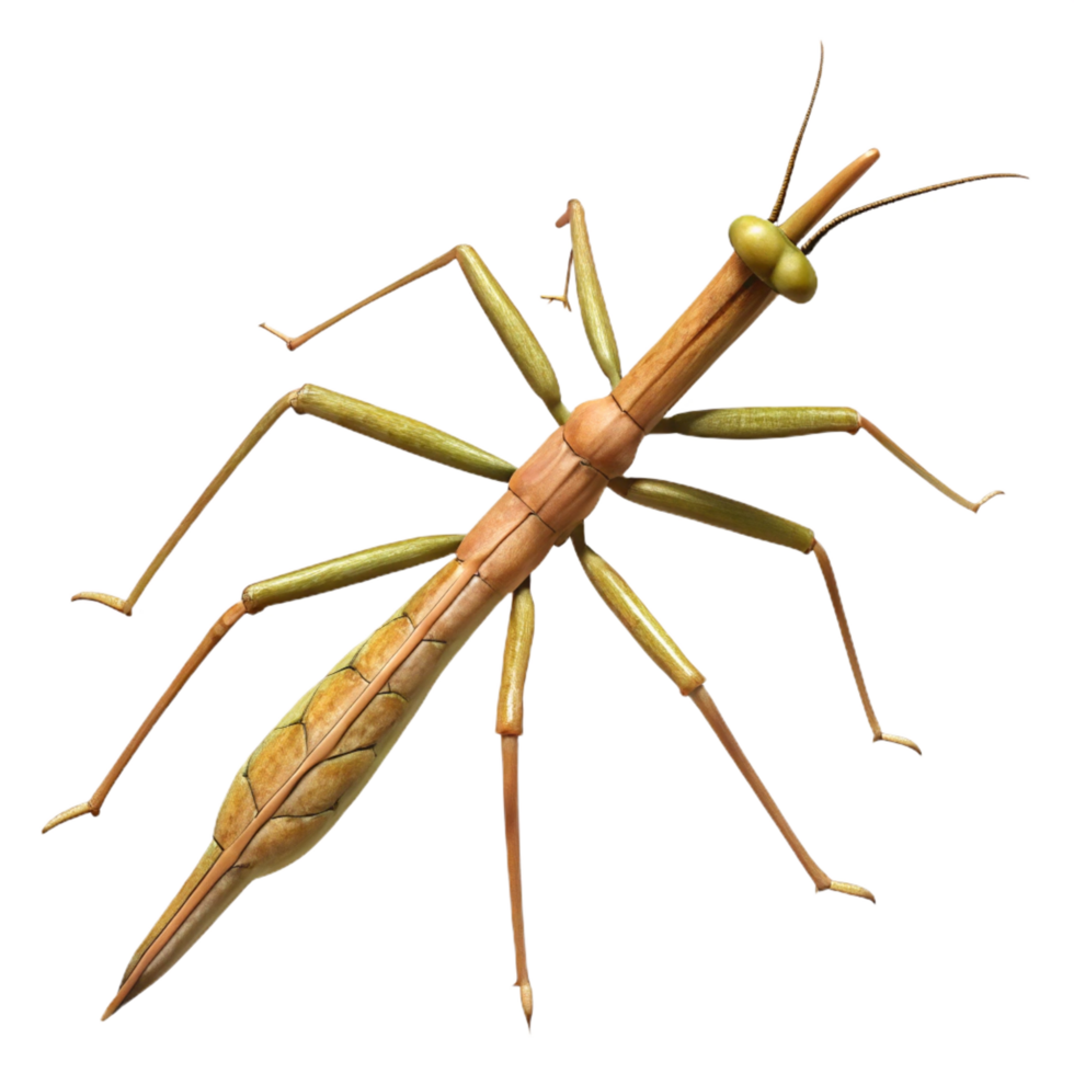 majestic distinguisheStick insect camouflageas a twig, texturebody, detailelegs, soft lighting, side view, isolateon transparent background,high-resolution product photography png