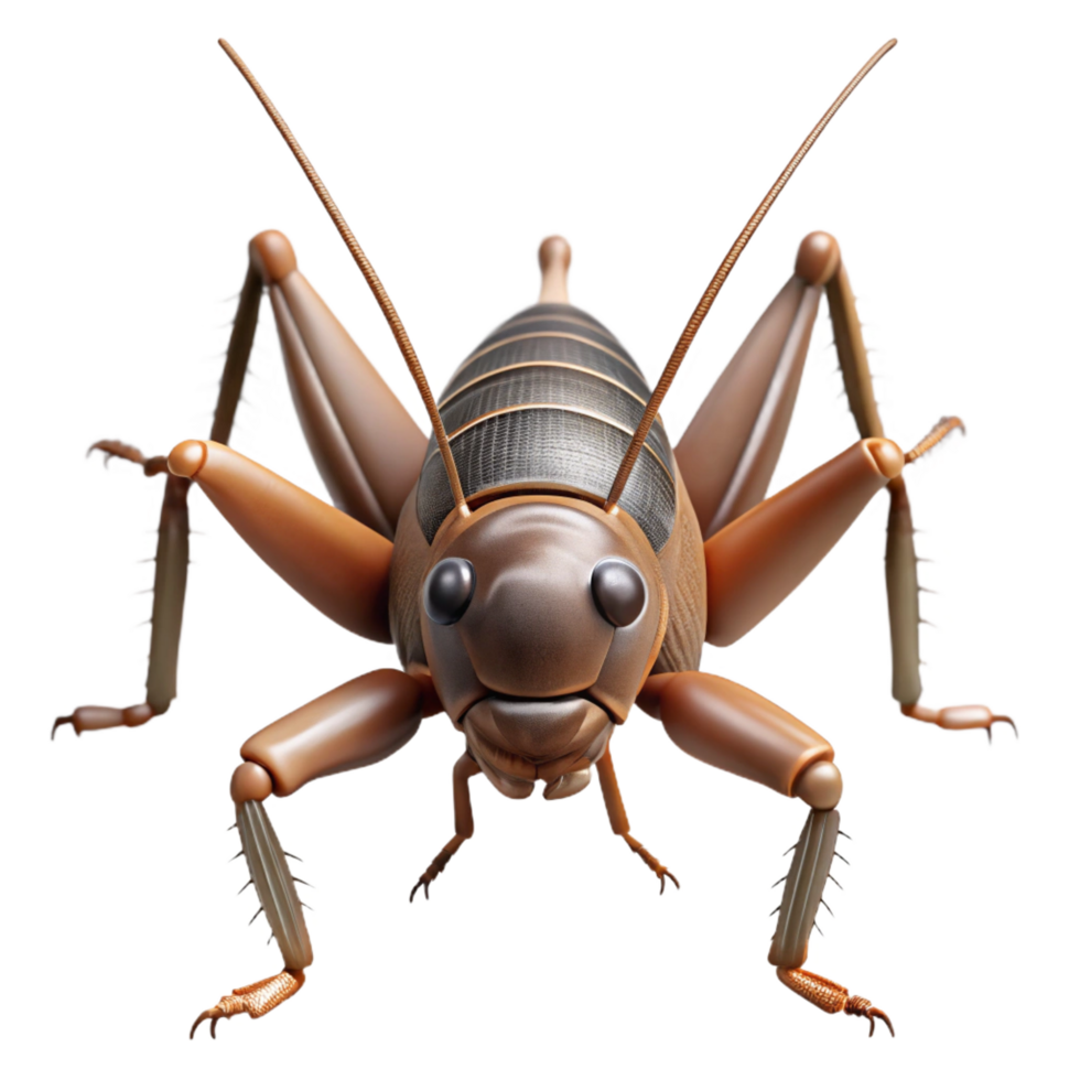 pristine minimalist Cricket with long antennae, powerful hinlegs, textureexoskeleton, studio lighting, front view, isolateon transparent background,high-resolution product photography perfect clarity png
