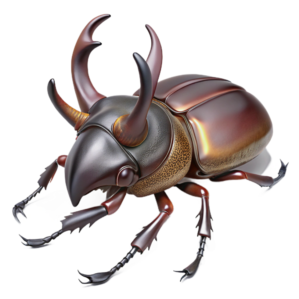 bolsumptuous Rhinoceros beetle with large horn, textureexoskeleton, detailelegs, soft lighting, top-down view, with transparent background,high-resolution product photography museum quality png