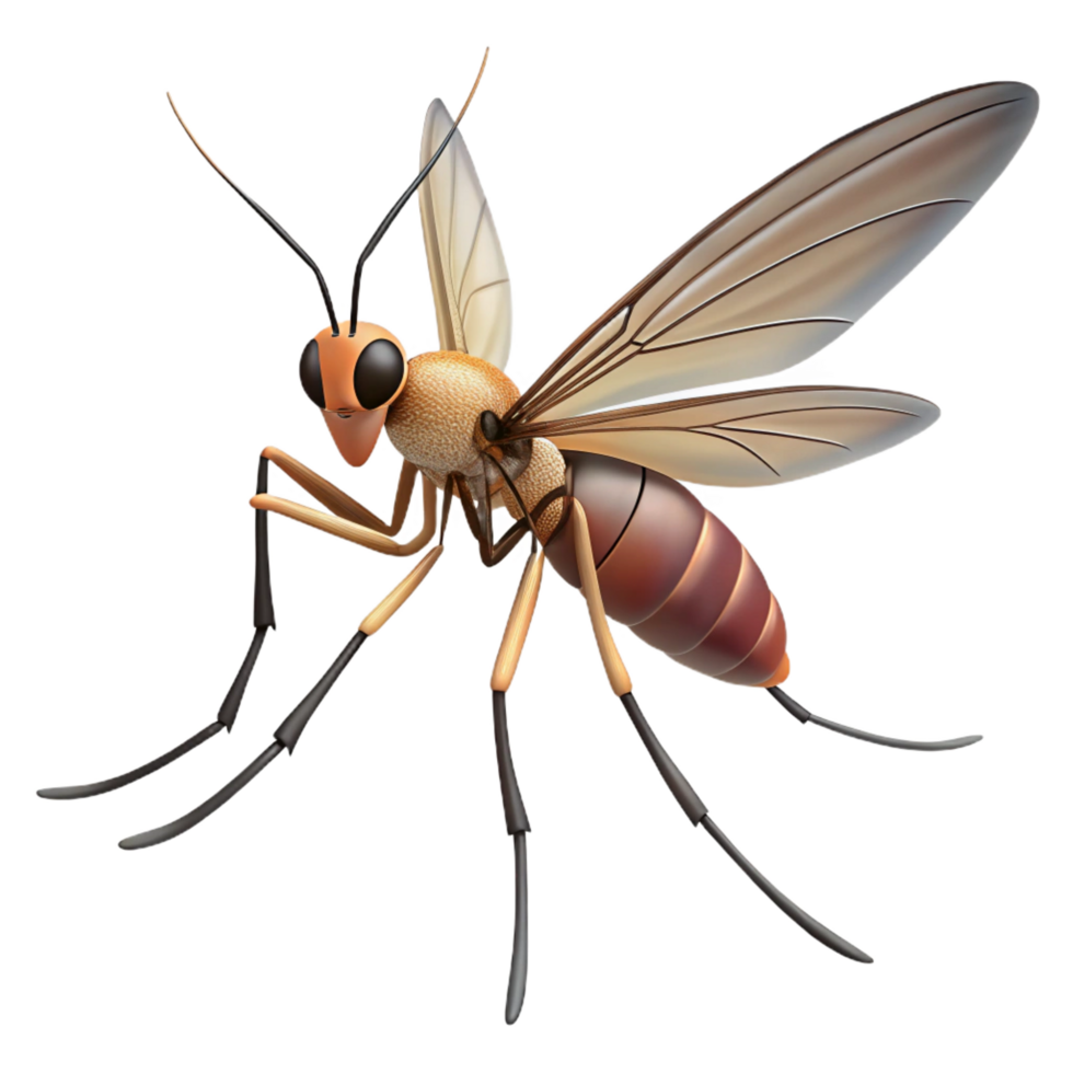 stunning avant-garde Mosquito with long proboscis, delicate wings, thin legs, soft lighting, front view, with transparent background,high-resolution product photography 4K png