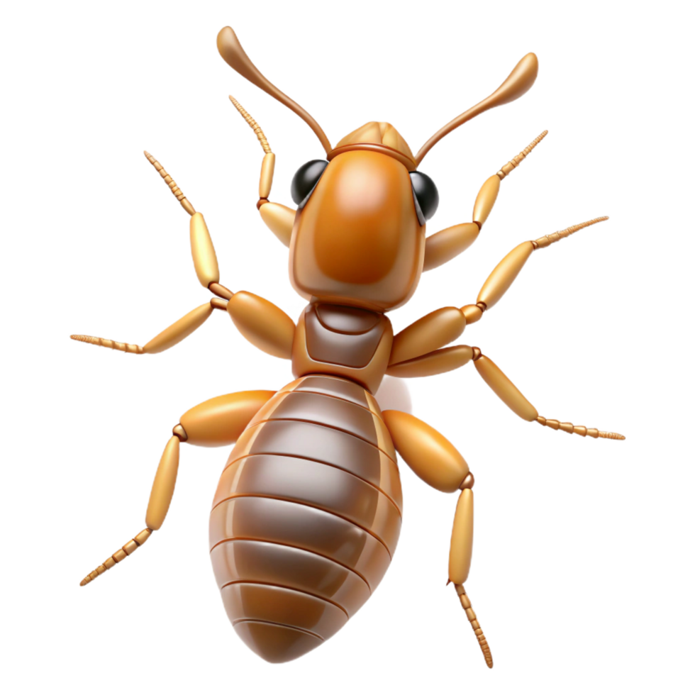 energetic wonderful Termite with segmentebody, pale exoskeleton, small mandibles, dramatic lighting, top-down view, with transparent background,high-resolution product photography 8K png
