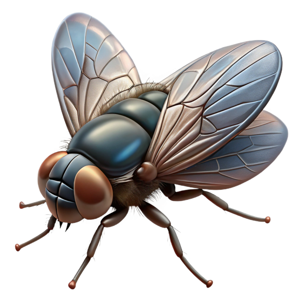 peaceful elegant Housefly with translucent wings, compouneyes, hairy body, studio lighting, with transparent background,high-resolution product photography premium png