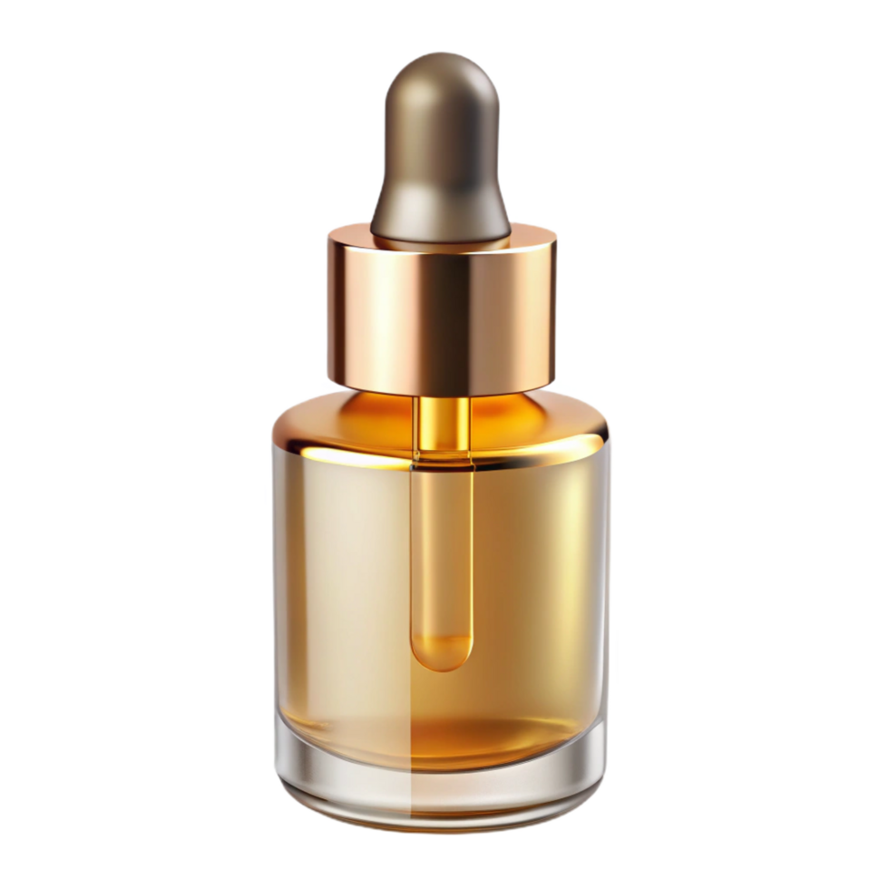serene inspireA clear bottle of facial serum with a dropper applicator, fillewith a golden liquid, soft backlighting, front view, isolateon transparent background,high-resolution product photography png