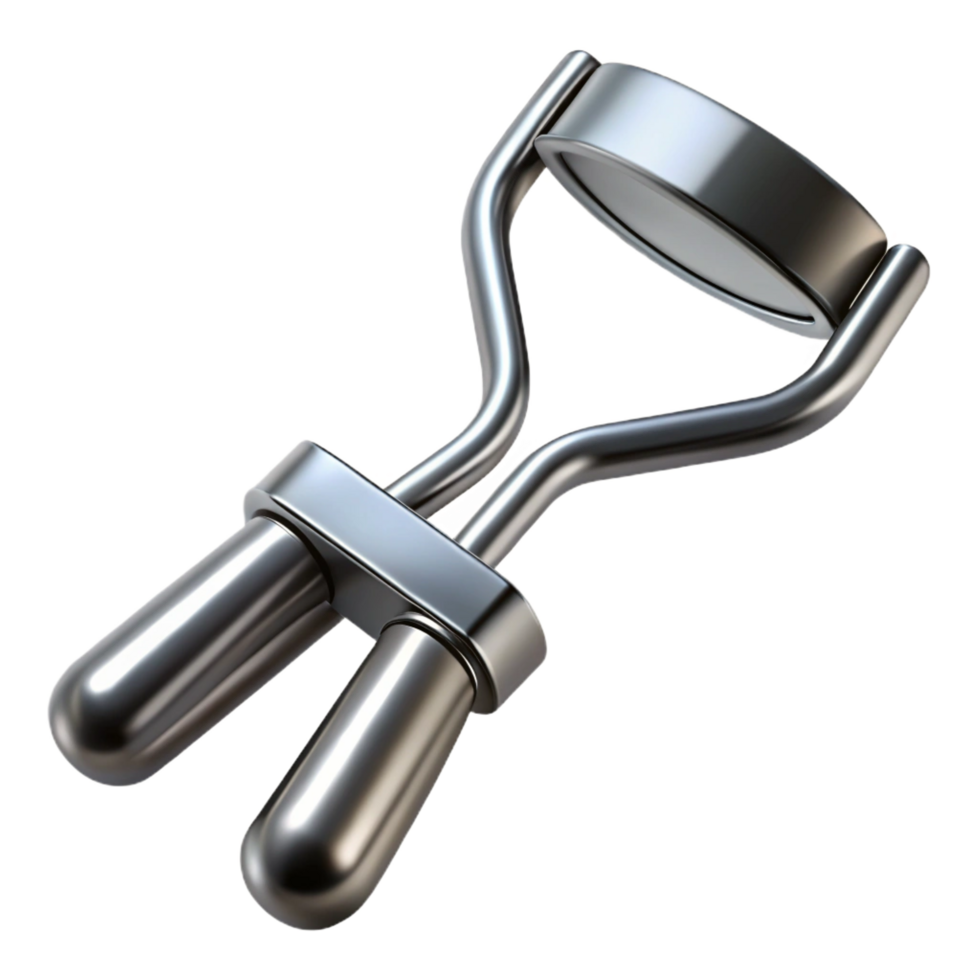 majestic standout A silver eyelash curler with black rubber pads, soft lighting, front view, isolateon transparent background,high-resolution product photography png