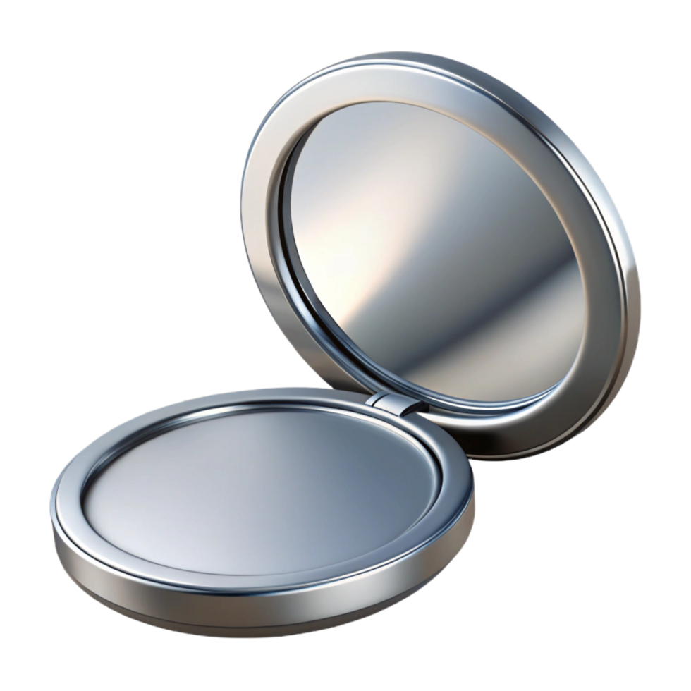 breathtaking exemplary A rouncompact mirror with a silver frame, reflecting a soft light, slightly angleview, isolateon transparent background,high-resolution product photography png