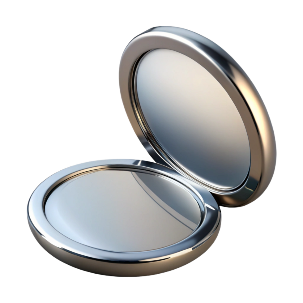vibrant celebrateA rouncompact mirror with a silver frame, reflecting a soft light, slightly angleview, isolateon transparent background,high-resolution product photography png