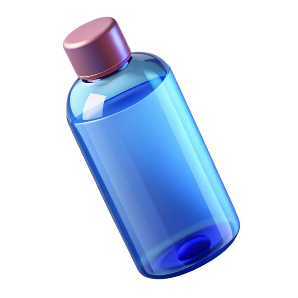 exemplary surreal A bottle of micellar water with a blue tint, clear plastic bottle, soft lighting, front view, isolateon transparent background,high-resolution product photography 8K png