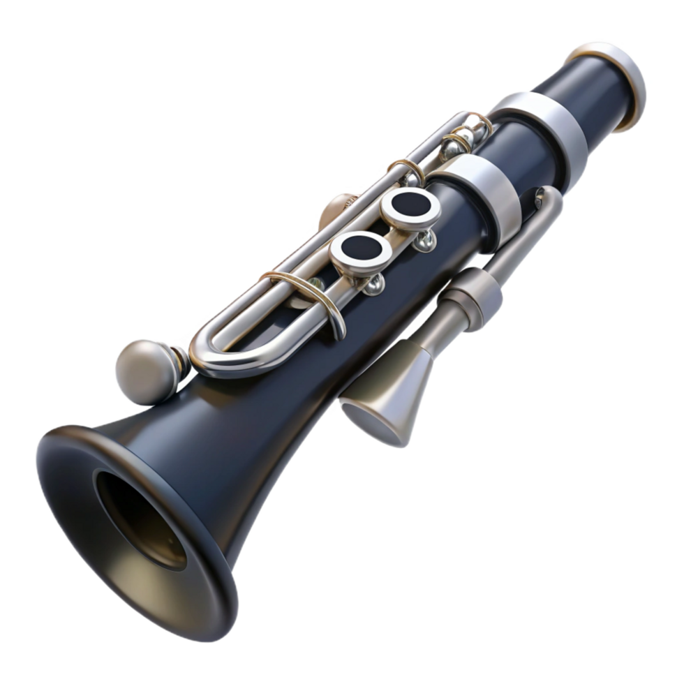 exceptional classic Classic clarinet with black body, silver keys, anreeattached, soft lighting, front view, isolateon transparent background,high-resolution product photography flawless png