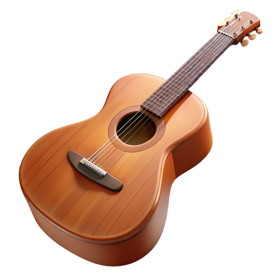 beautiful iconic Well-worn acoustic guitar with natural woofinish, steel strings, visible pickguarscratches, soft lighting, isolateon transparent background,high-resolution product photography png