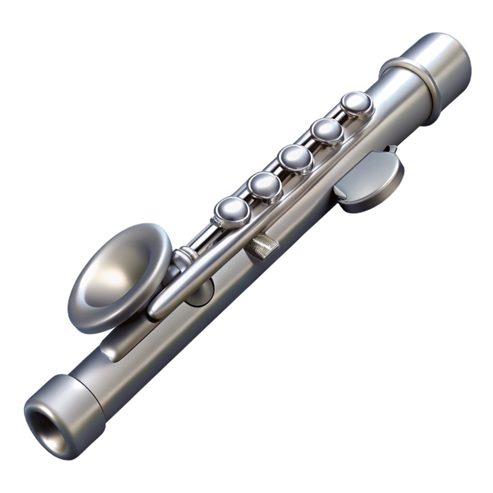 distinctive nordic Flute with silver-platefinish, intricate keywork, cleaning robeside it, soft lighting, top-down view, isolateon transparent background,high-resolution product photography impeccable png
