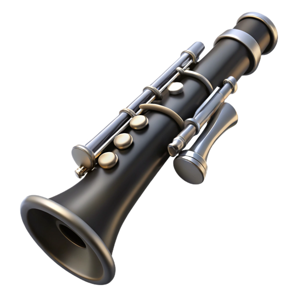 nostalgic captivating Classic clarinet with black body, silver keys, anreeattached, soft lighting, front view, isolateon transparent background,high-resolution product photography flawless png