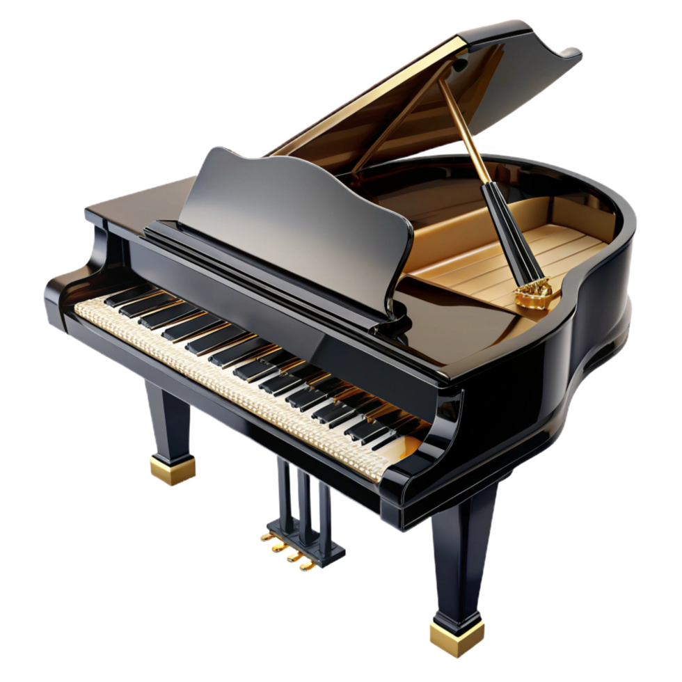 glorious quintessential Granpiano, highly polisheblack lacquer finish, liopen, keys visible, dramatic lighting, isolateon transparent background,high-resolution product photography png