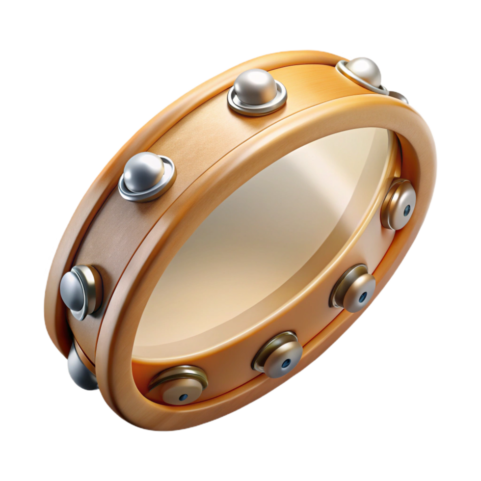 memorable industrial Tambourine with metal jingles, wooden frame, natural woofinish, soft lighting, front view, isolateon transparent background,high-resolution product photography high quality png