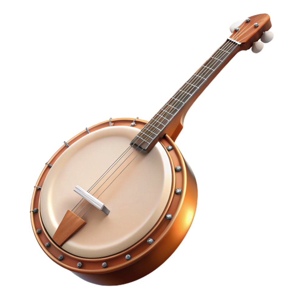 nostalgic vibrant Banjo with a wooden resonator, metal tone ring, anparchment head, soft lighting, front view, isolateon transparent background,high-resolution product photography museum quality png