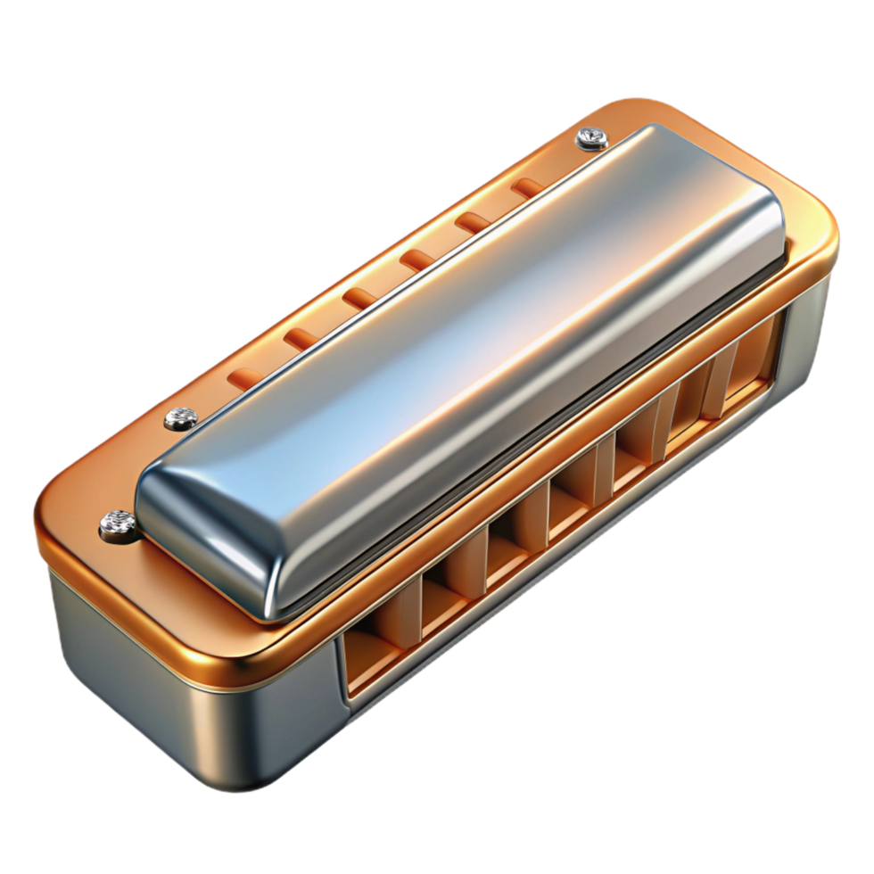 calm captivating Harmonica with chrome cover plates, visible reeslots, studio lighting, top-down view, isolateon transparent background,high-resolution product photography authentic png