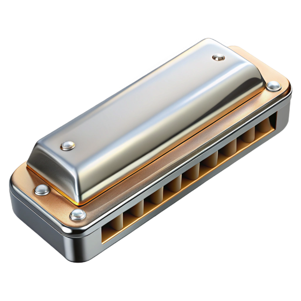 whimsical magnificent Harmonica with chrome cover plates, visible reeslots, studio lighting, top-down view, isolateon transparent background,high-resolution product photography authentic png