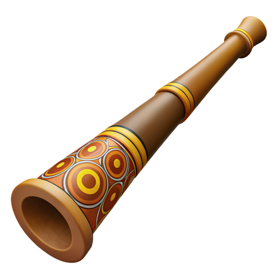 gorgeous unforgettable Didgeridoo with natural woofinish, painteaboriginal designs, soft lighting, side view, isolateon transparent background,high-resolution product photography png