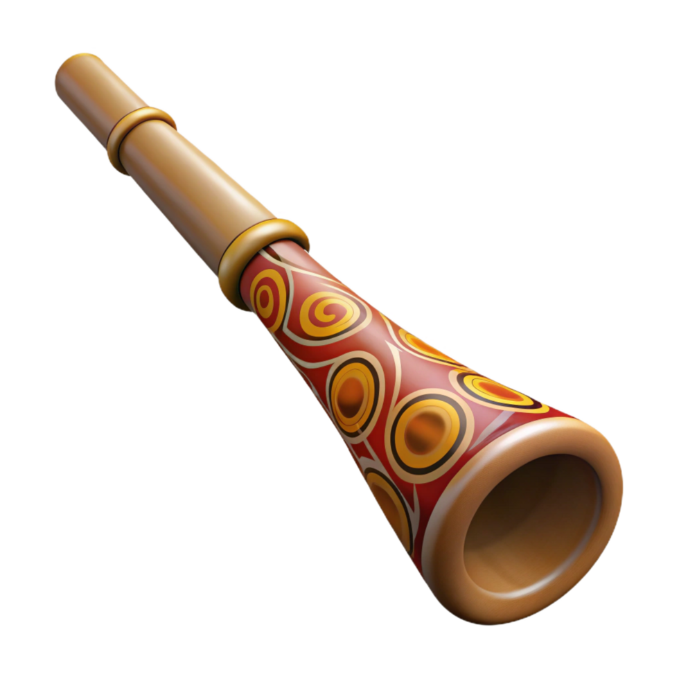 dramatic serene Didgeridoo with natural woofinish, painteaboriginal designs, soft lighting, side view, isolateon transparent background,high-resolution product photography detailed png