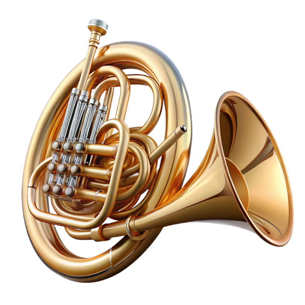 majestic inspireFrench horn with brass finish, rotary valves, mouthpiece attached, dramatic lighting, front view, isolateon transparent background,high-resolution product photography png