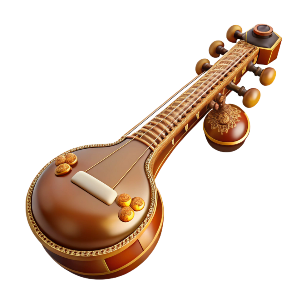 glorious harmonious art deco Sitar with carvewooden body, multiple strings, angourresonators, studio lighting, front view, isolateon transparent background,high-resolution product photography crisp png