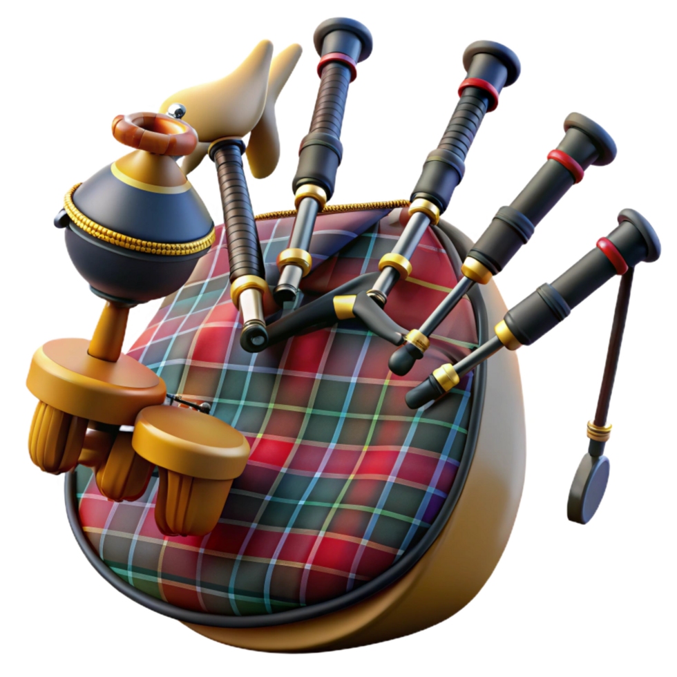 enchanting elegant Set of bagpipes with tartan bag, chanter, andrones, soft lighting, isolateon transparent background,high-resolution product photography genuine png