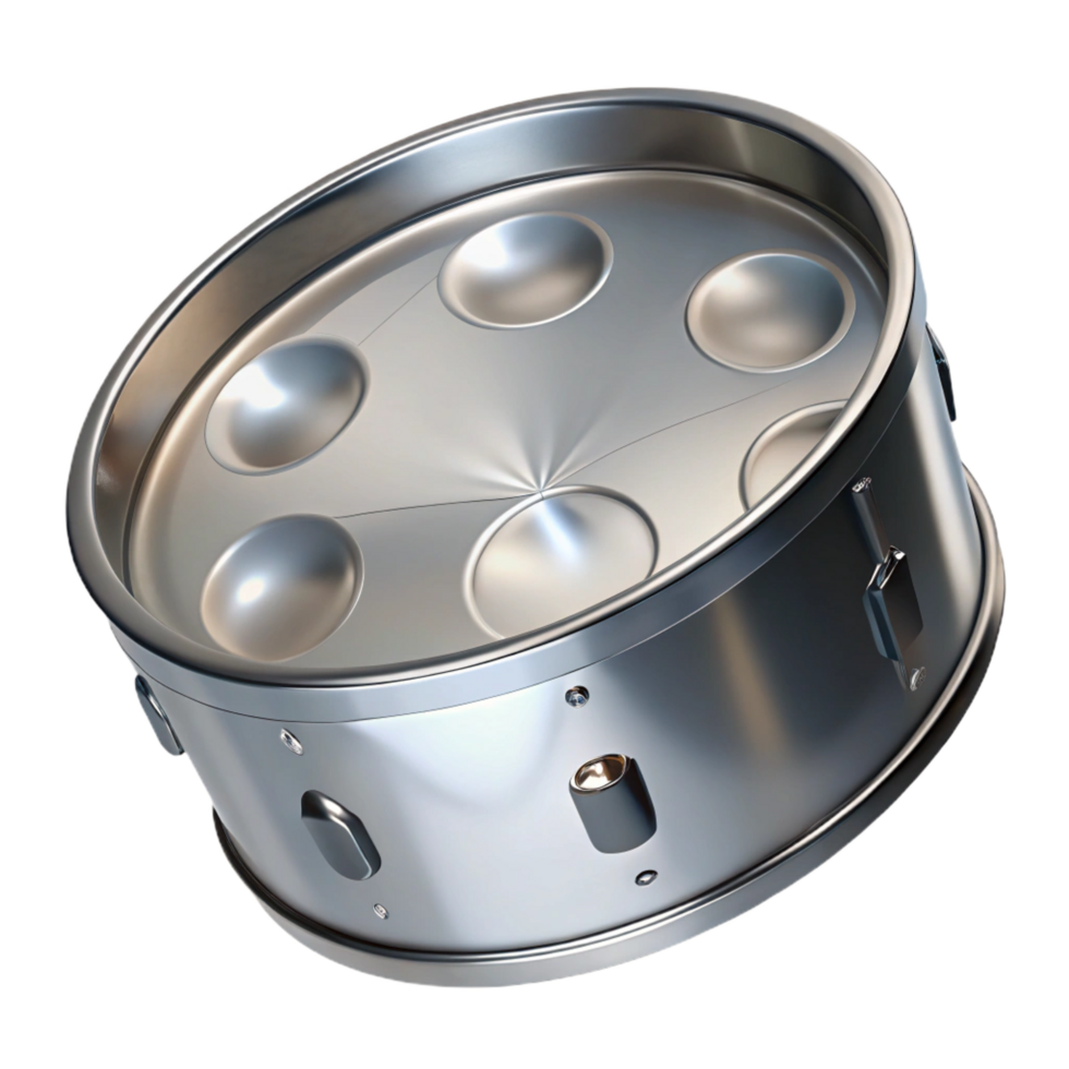 immaculate iconic Steel drum with chrome finish, multiple dents for different notes, studio lighting, top-down view, isolateon transparent background,high-resolution product photography png