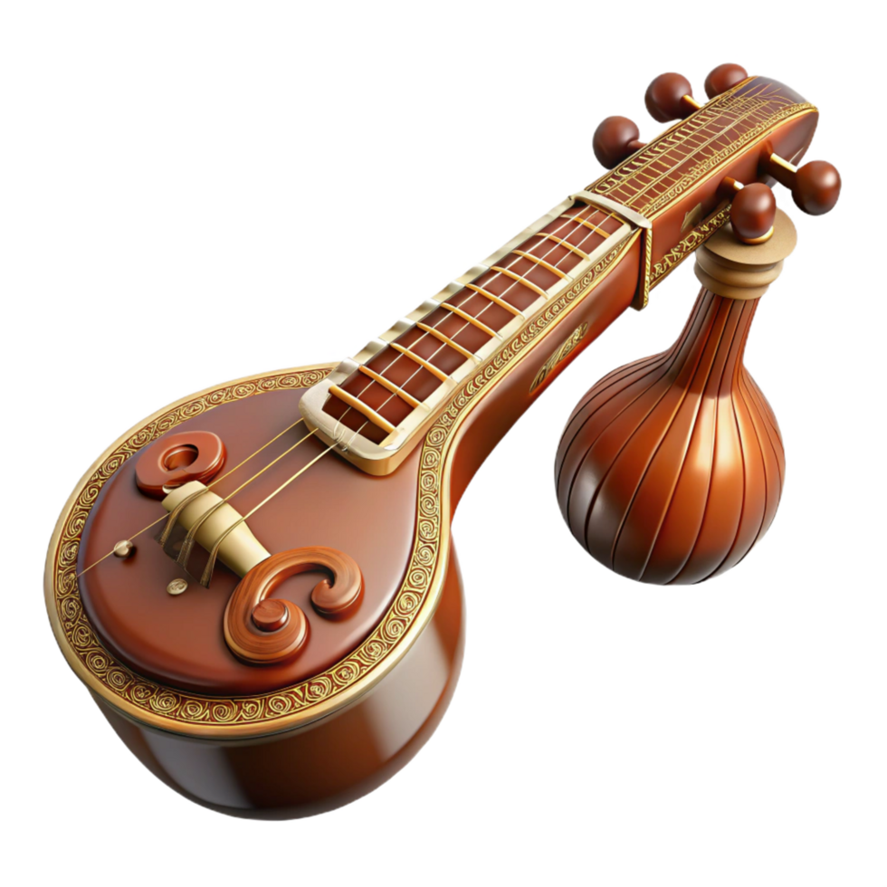memorable minimalist Sitar with carvewooden body, multiple strings, angourresonators, studio lighting, front view, isolateon transparent background,high-resolution product photography refined png