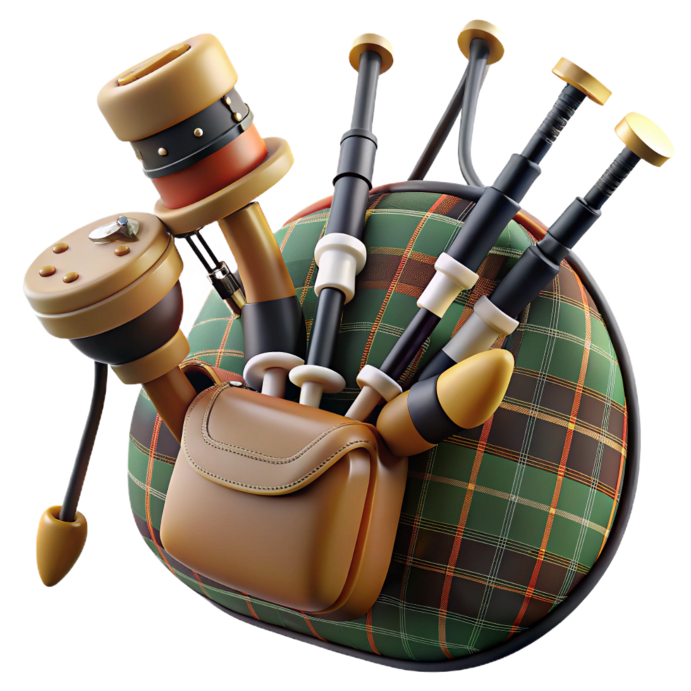 immaculate contemporary Set of bagpipes with tartan bag, chanter, andrones, soft lighting, isolateon transparent background,high-resolution product photography high quality png