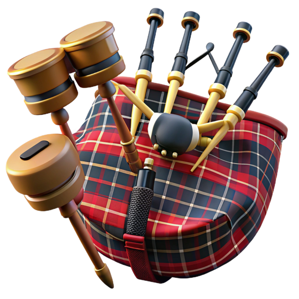 wonderful joyful mid-century Set of bagpipes with tartan bag, chanter, andrones, soft lighting, isolateon transparent background,high-resolution product photography authentic png