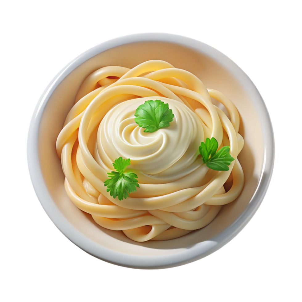 beautiful unparallelePortion of fettuccine Alfredo, creamy sauce, parmesan cheese, parsley garnish, soft lighting, top-down view, isolateon transparent background,high-resolution product photography png