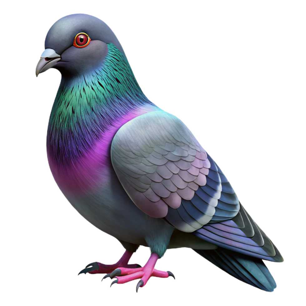 sought-after avant-garde Rock dove pigeon, iridescent feathers, varieplumage, soft lighting, top-down view, isolateon transparent background,high-resolution product photography exclusive png