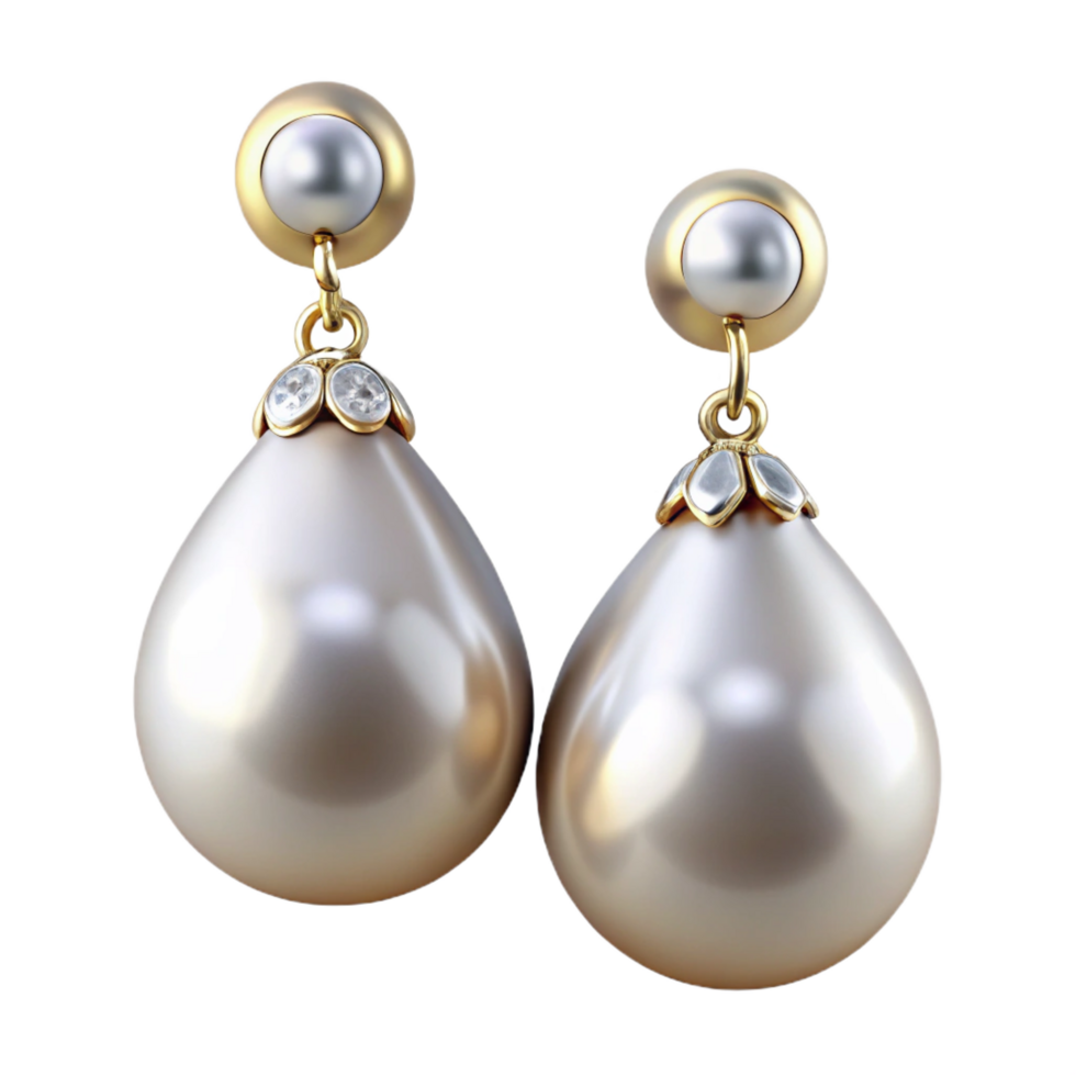 majestic calm traditional Pair of pearl drop earrings with diamonaccents, glossy finish, studio lighting, front view, isolateon transparent background,high-resolution product photography precision png