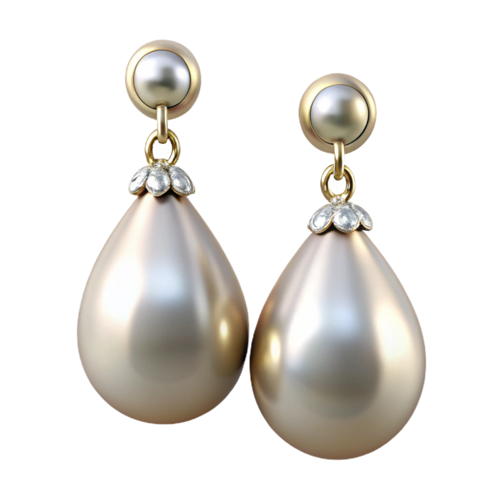 serene impressionist Pair of pearl drop earrings with diamonaccents, glossy finish, studio lighting, front view, isolateon transparent background,high-resolution product photography exclusive png
