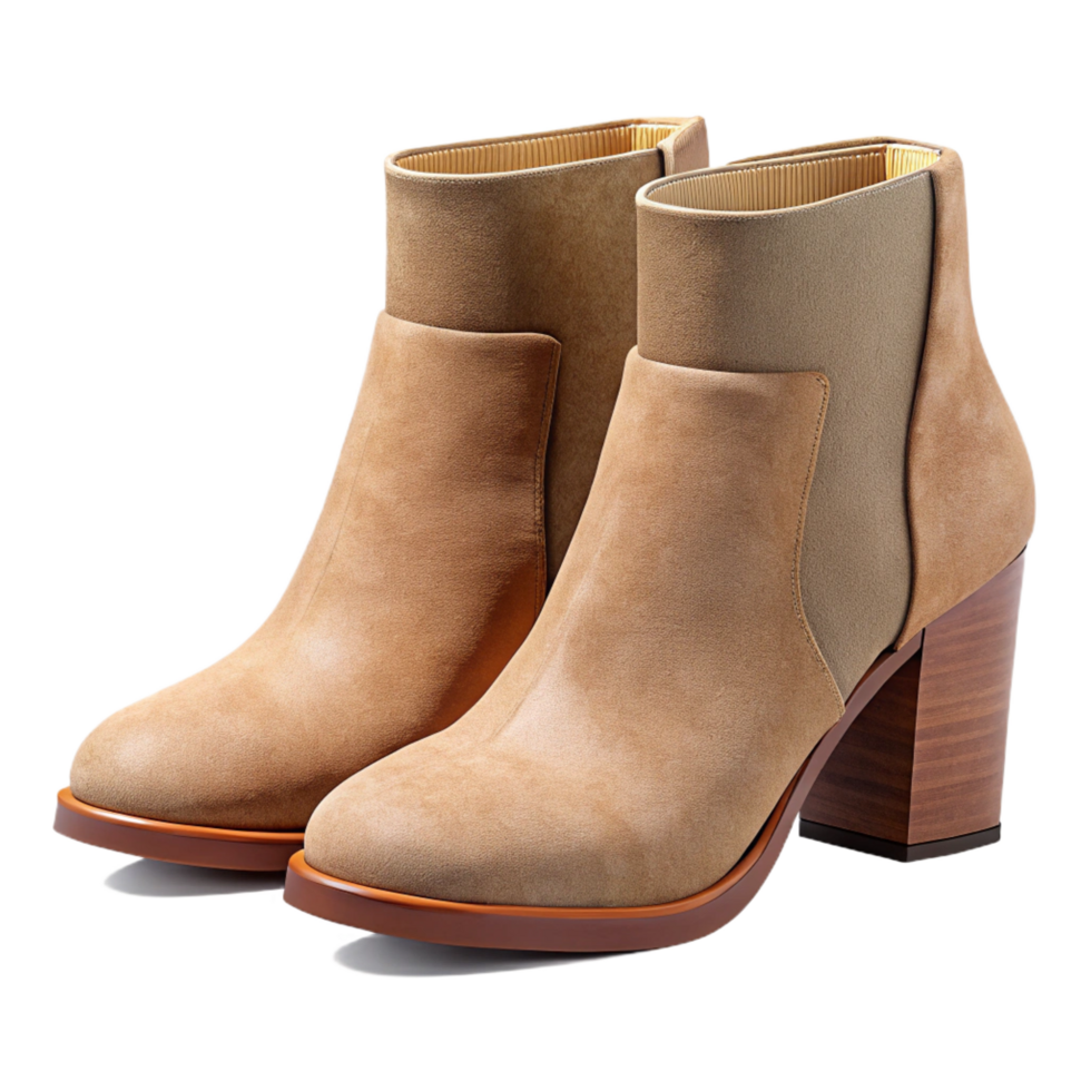 dynamic dazzling Pair of ankle boots with suede uppers anstackeheels, soft texture, studio lighting, side view, isolateon transparent background,high-resolution product photography museum quality png