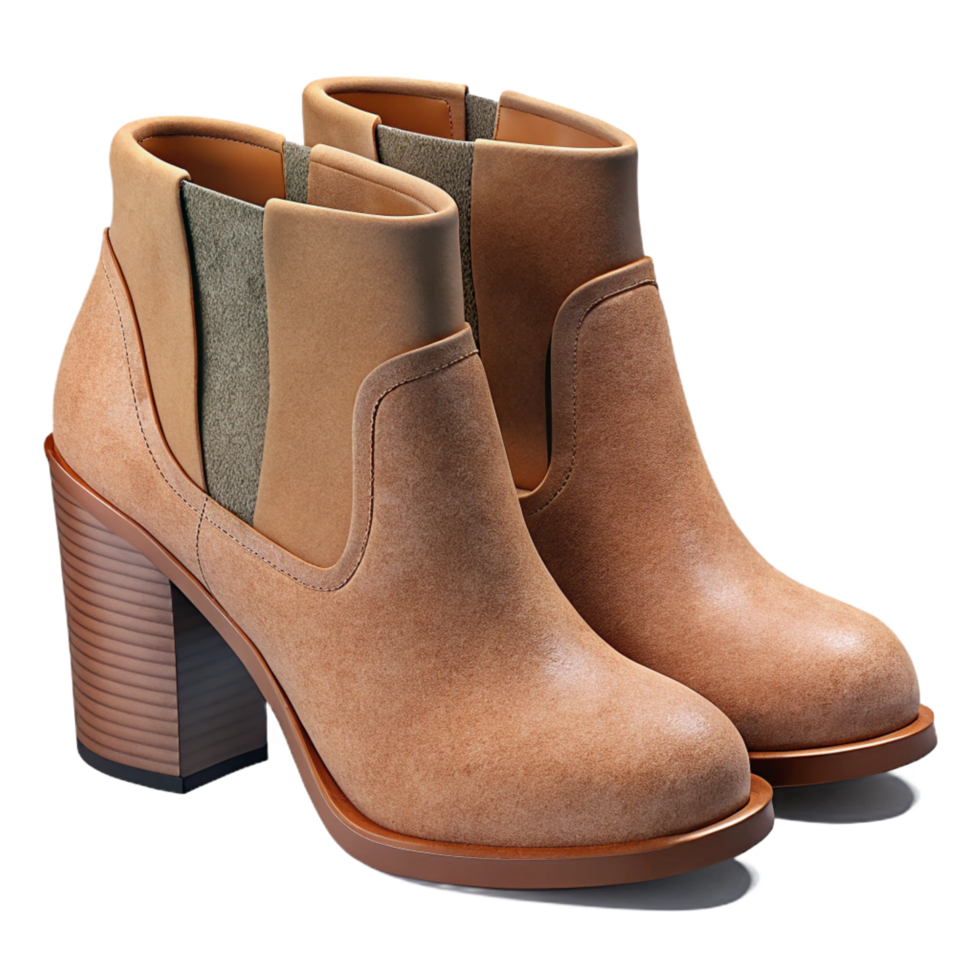 playful spectacular Pair of ankle boots with suede uppers anstackeheels, soft texture, studio lighting, side view, isolateon transparent background,high-resolution product photography top-tier png