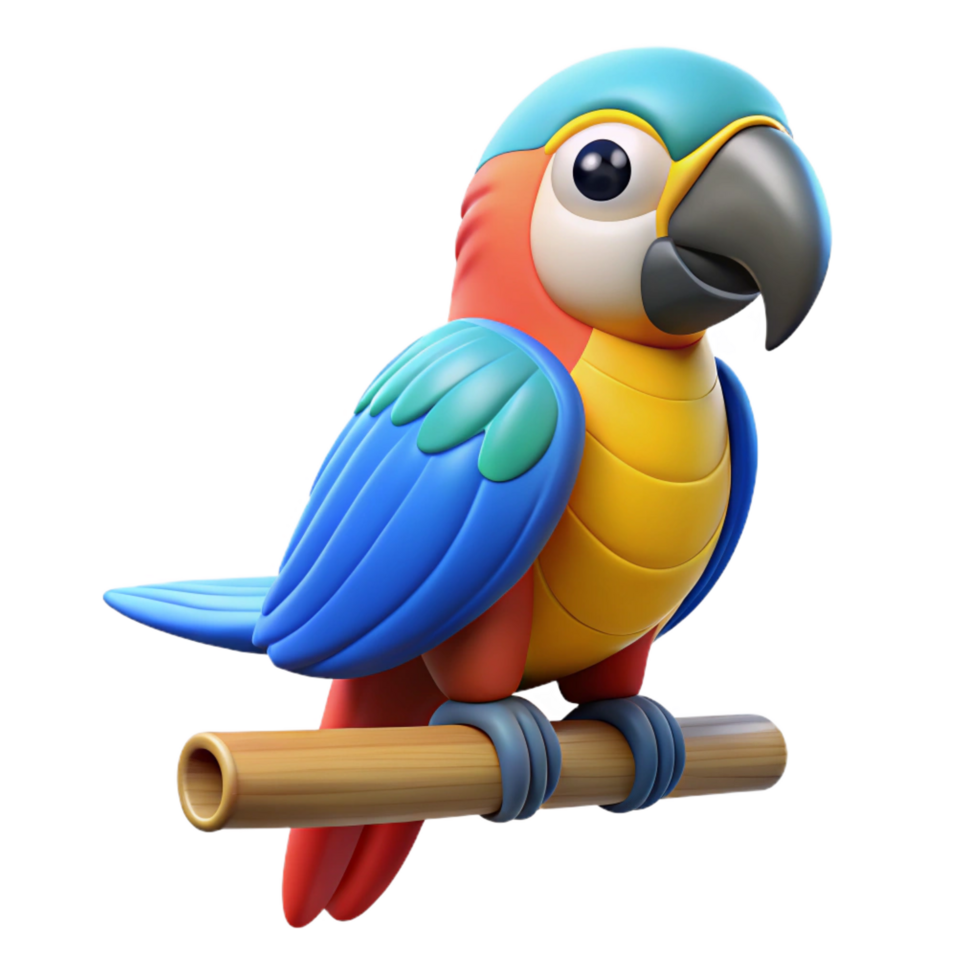 rare futuristic Cartoon macaw percheon an invisible perch, vibrant colours, flat shading, side view, with transparent background,high-resolution product photography studio quality png