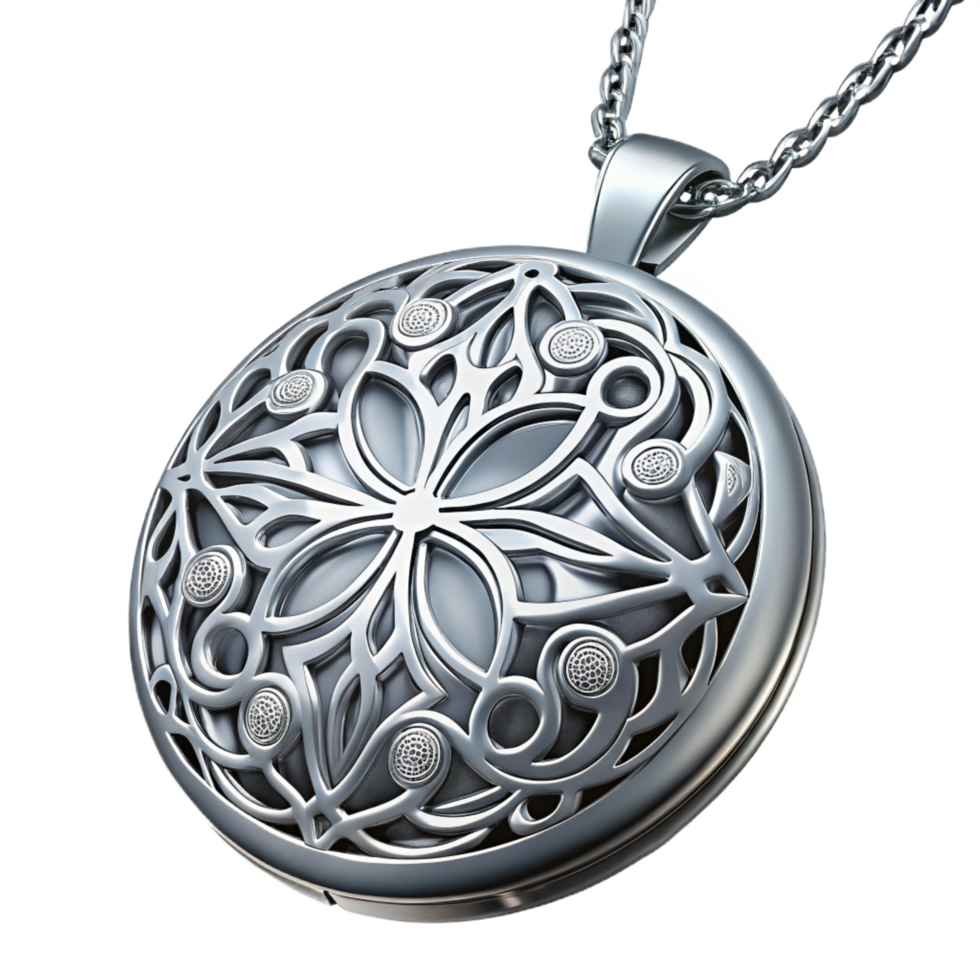 magnificent whimsical modern Silver locket necklace with intricate filigree design, glossy finish, dramatic lighting, with transparent background,high-resolution product photography studio quality png