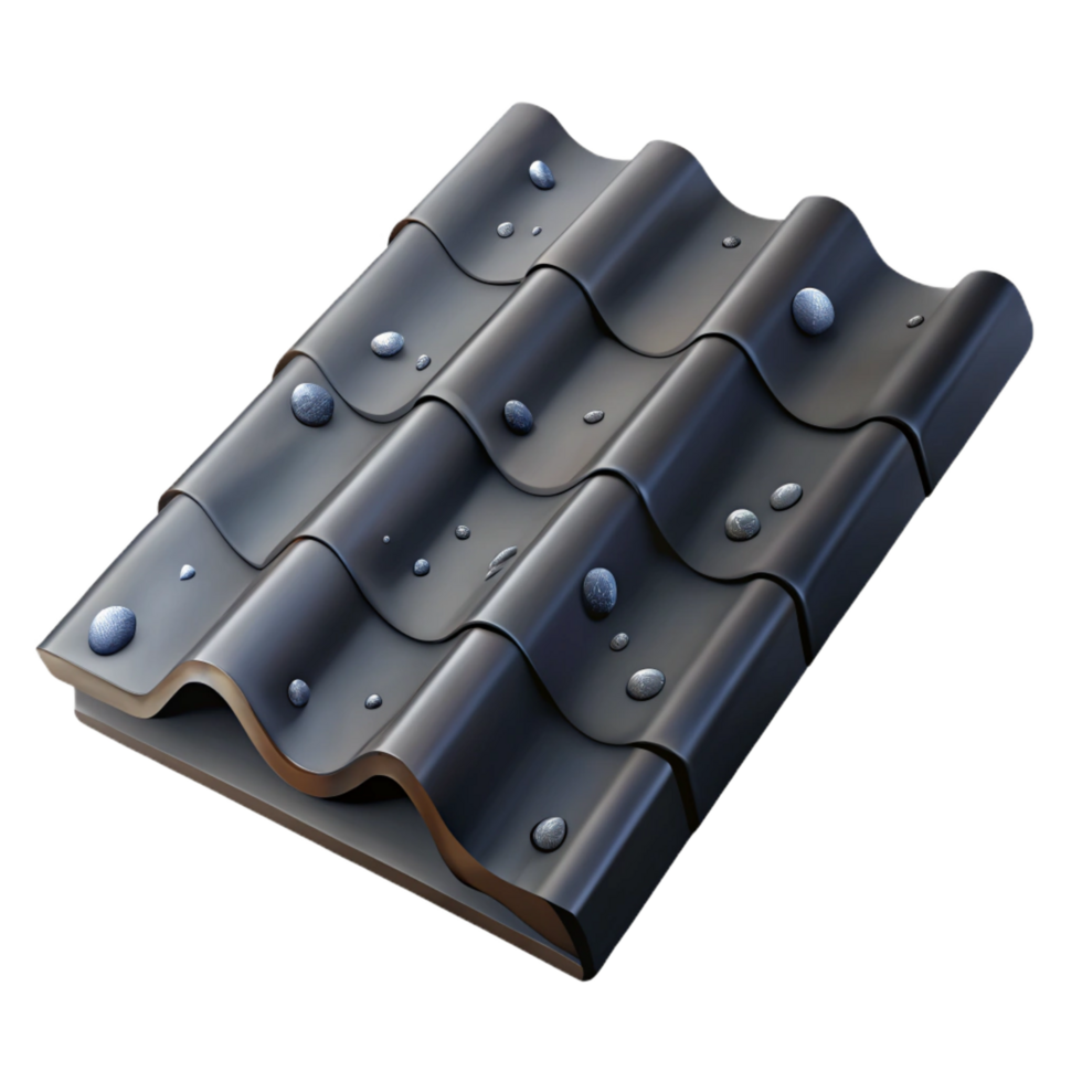 captivating futuristic Slate roof tile, dark grey, texturesurface, water droplets, side view, studio lighting, isolateon transparent background,high-resolution product photography flawless png